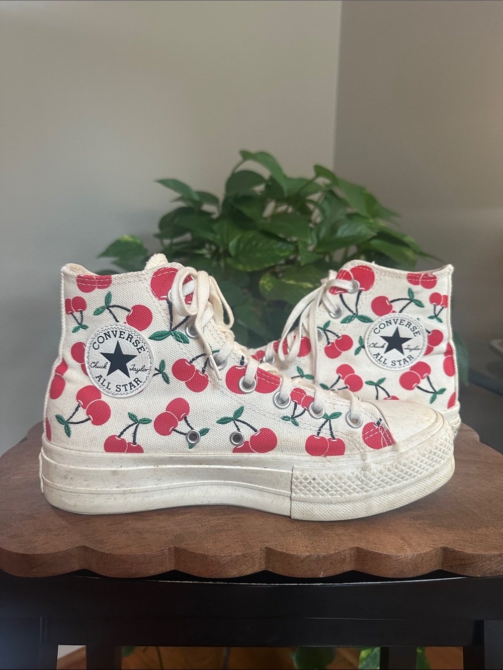 Converse High Top Sneakers White Canvas with Red Cherry Print size 8🍒